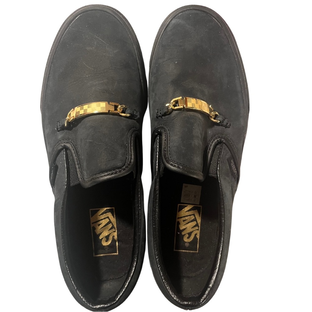 COPY - Vans Classic Slip-on Women’s 9 Men’s 7.5 • Black Suede ID Gold Buckle